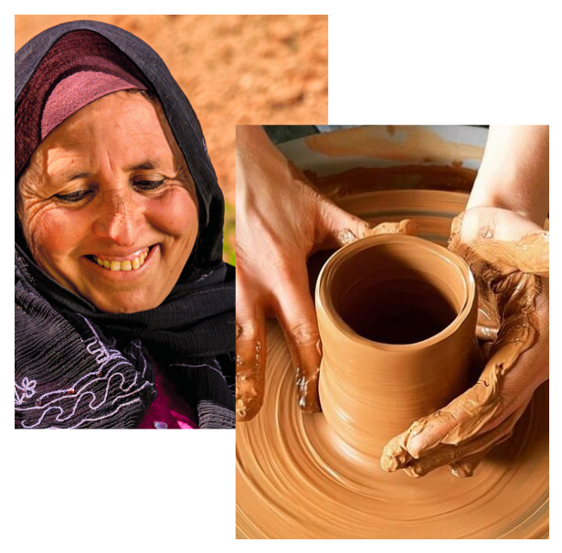 A smiling woman in a headscarf next to an image of hands shaping clay on a potter's wheel